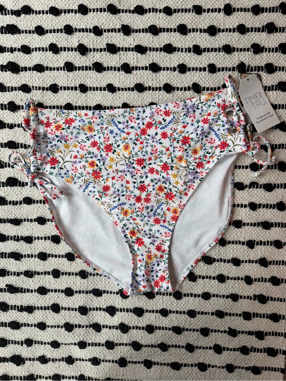 TIME & TRU Floral High-Waist Bikini Bottom - White with Multicolor Flowers